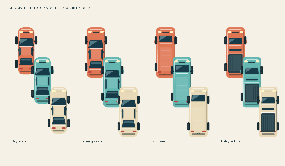 The city hatch, touring sedan, panel van and utility pickup in coral, lagoon and ivory, all facing up.